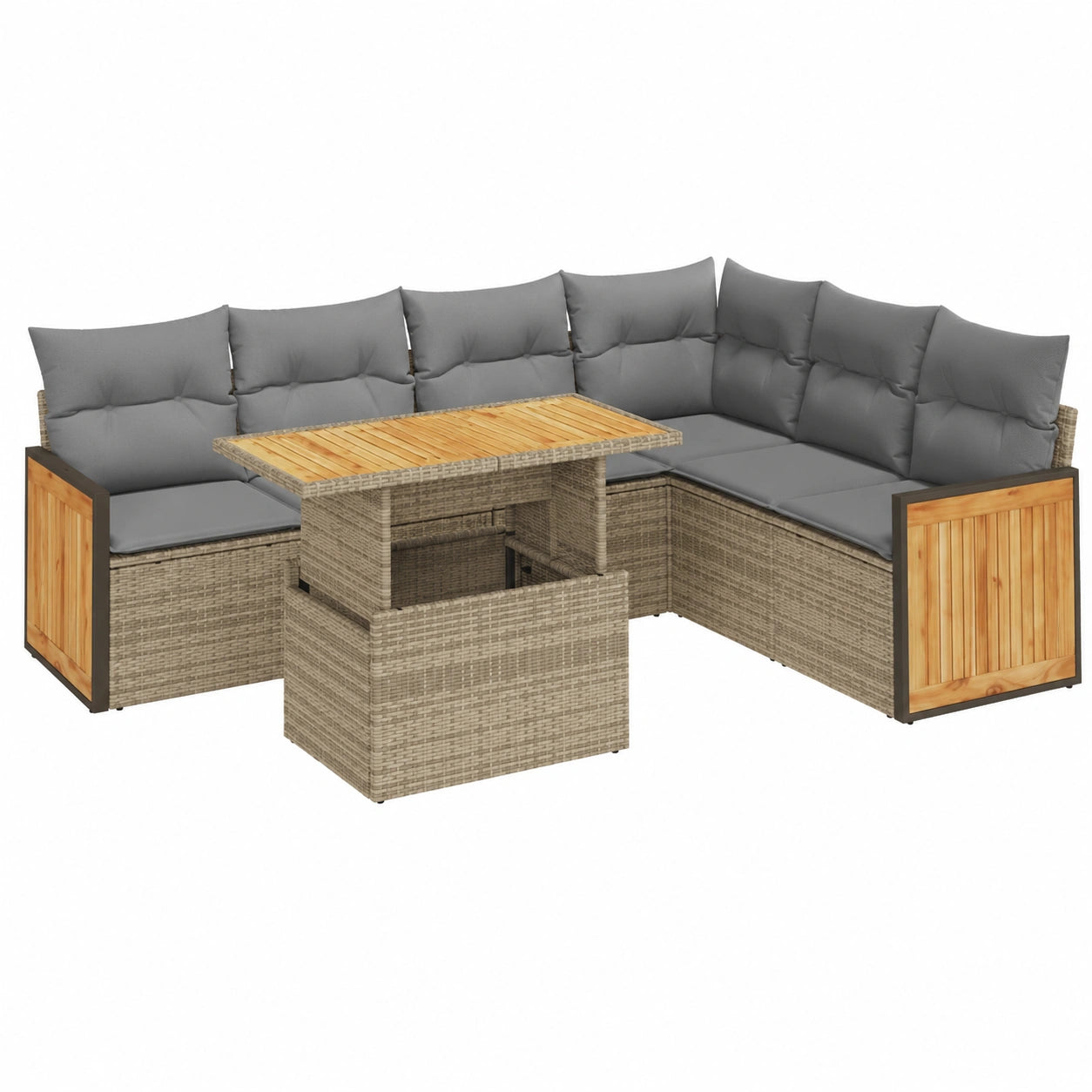 Salon de jardin, modulable, avec rangement, en résine tressée, 7 pièces, coloris gris et beige, pour la terrasse ou le jardin