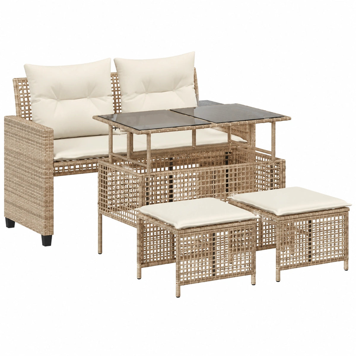 Salon de jardin, en verre et résine tressée, coloris beige, 4 pièces, pour la terrasse ou le jardin