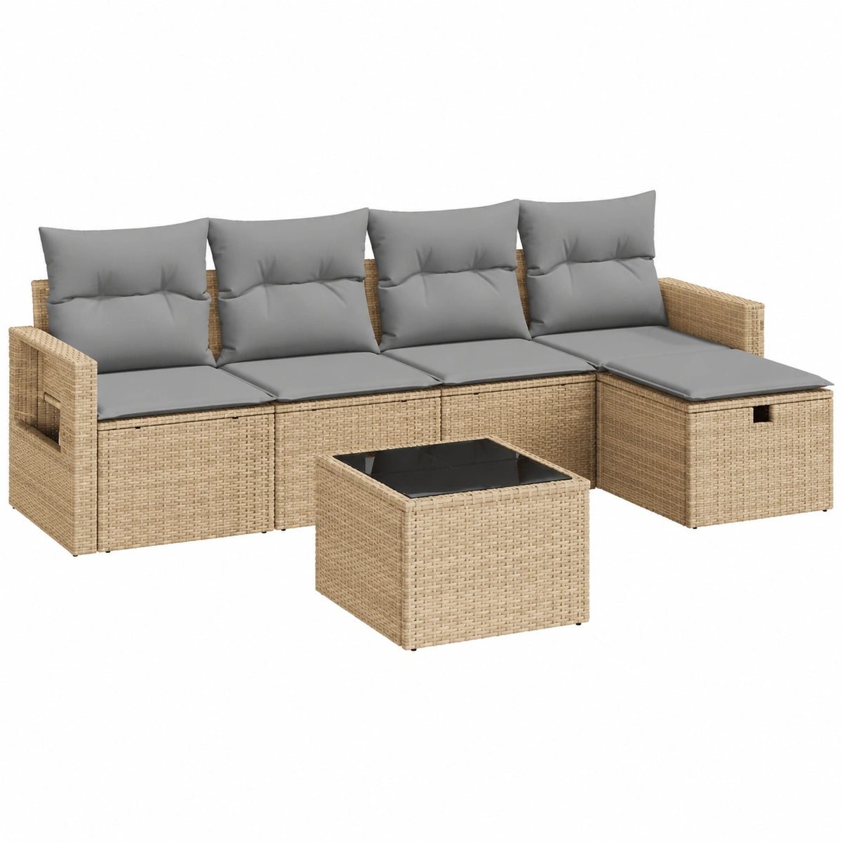 Salon de jardin, modulable, avec rangement, en résine tressée, 6 pièces, coloris beige, pour la terrasse ou le jardin