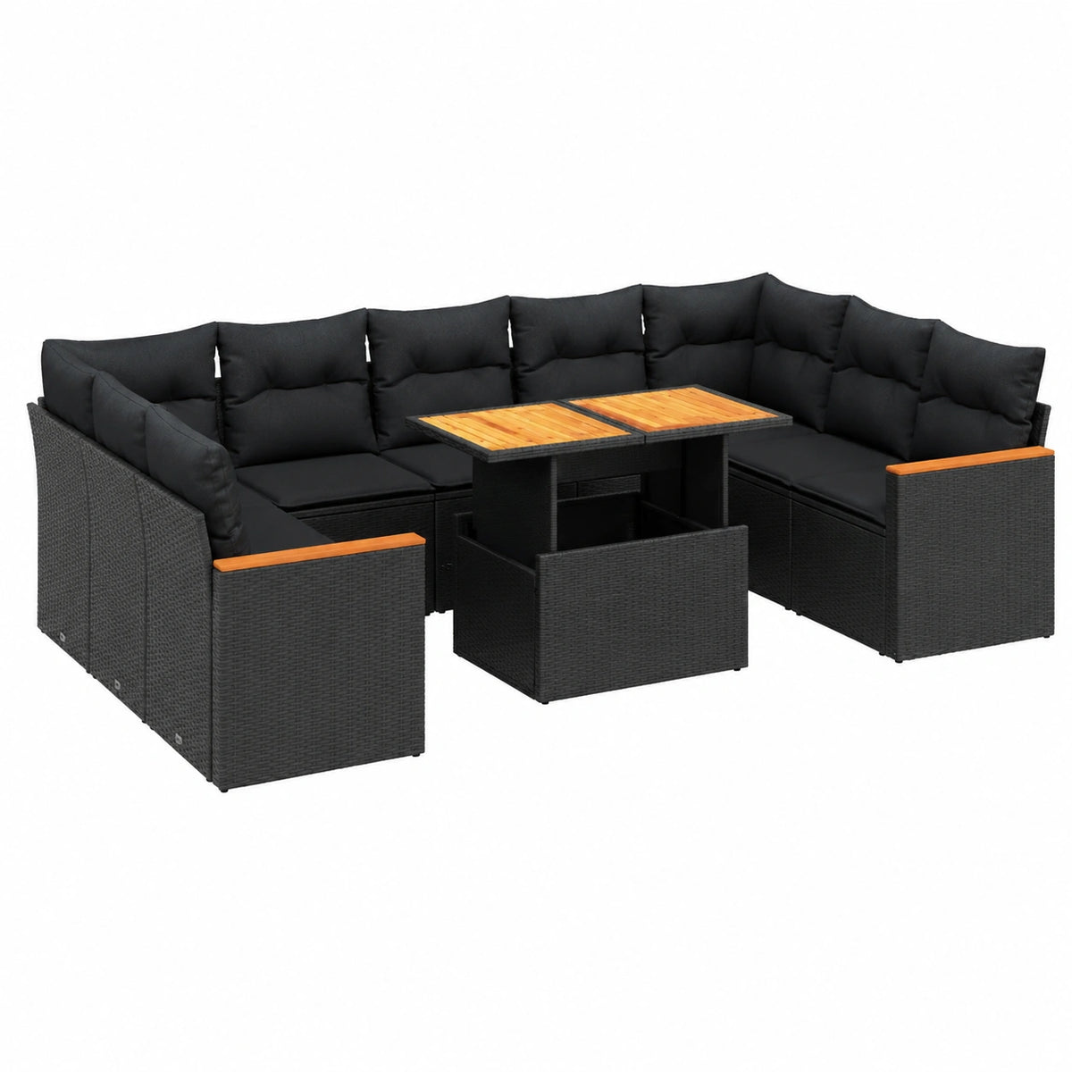 Salon de jardin, en résine tressée, coloris noir, 10 pièces, pour la terrasse ou le jardin