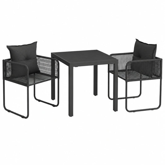 Salon de jardin, en aluminium et résine tressée, coloris noir et gris, 3 pièces, 79 x 79 x 74 cm, pour la terrasse ou le jardin