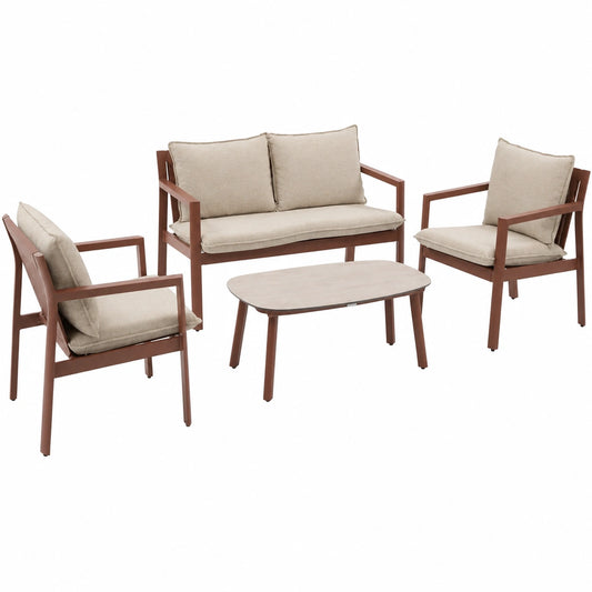 Salon de jardin, en aluminium, coloris terracotta, 4 places, pour la terrasse ou le jardin