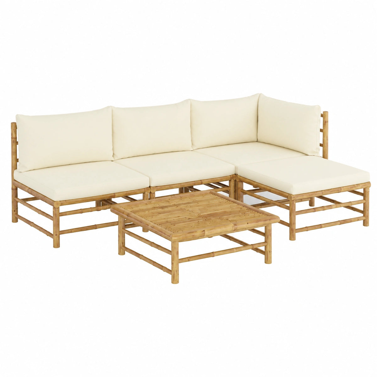 Salon de jardin, 5 pièces, en bambou, coloris blanc et crème, pour la terrasse ou le jardin