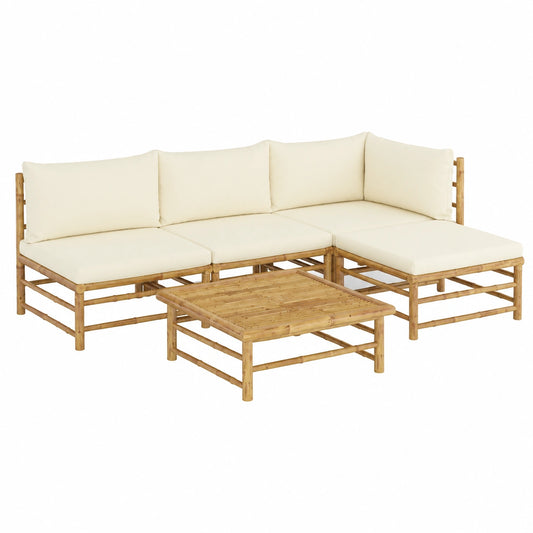 Salon de jardin, 5 pièces, en bambou, coloris blanc et crème, pour la terrasse ou le jardin