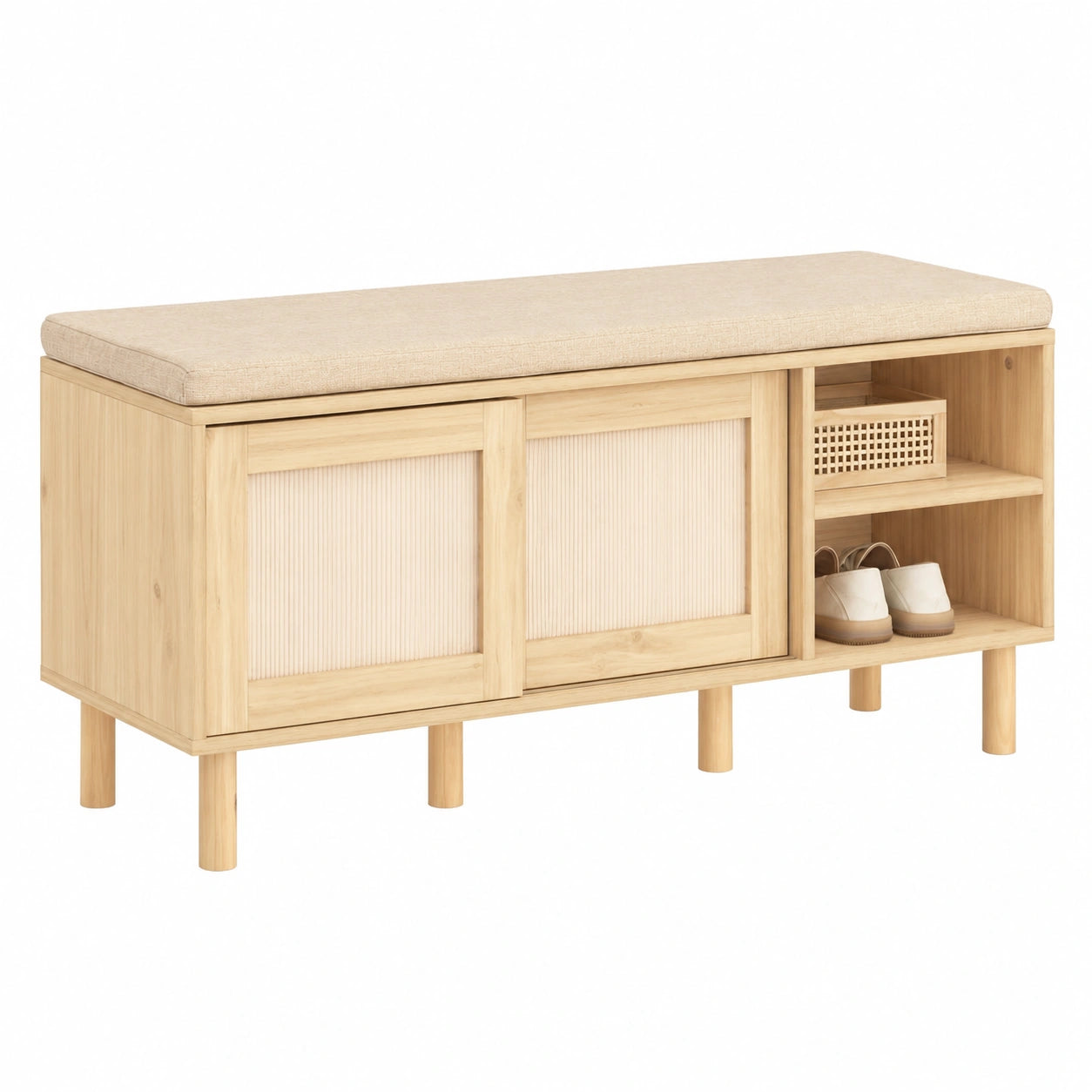 Banc, avec rangement, avec portes coulissantes, avec portes, en bambou et panneaux de bois, 121 x 35 x 49 cm, pour les espaces de vie