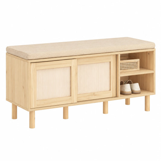 Banc, avec rangement, avec portes coulissantes, avec portes, en bambou et panneaux de bois, 121 x 35 x 49 cm, pour les espaces de vie