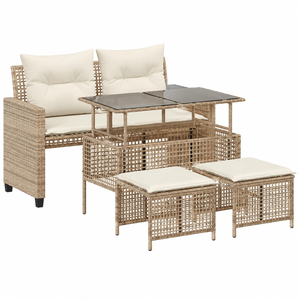 Salon de jardin, en verre et résine tressée, coloris beige, 4 pièces, pour la terrasse ou le jardin