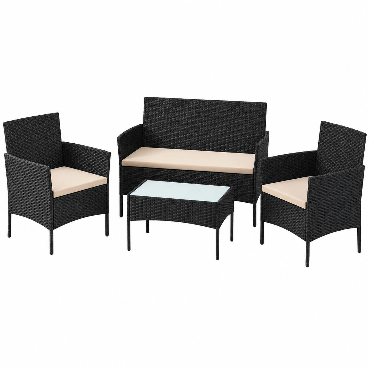 Salon de jardin, 4 places, en résine tressée, coloris noir et taupe, pour la terrasse ou le jardin